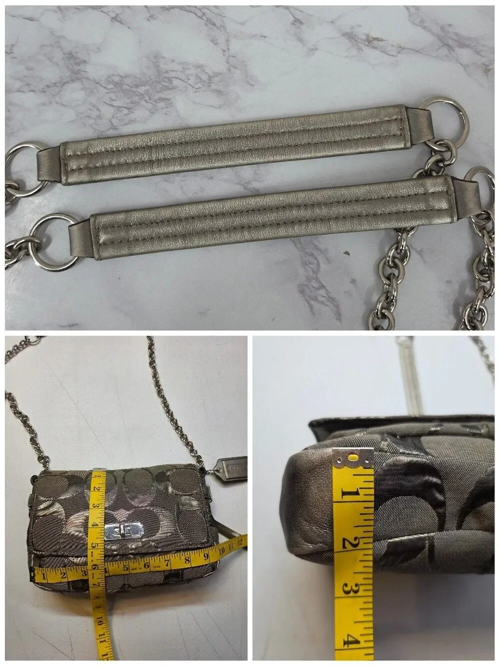 Coach Signature Canvas Jacquard Shoulder Bag in Metallic Pewter Chain Straps